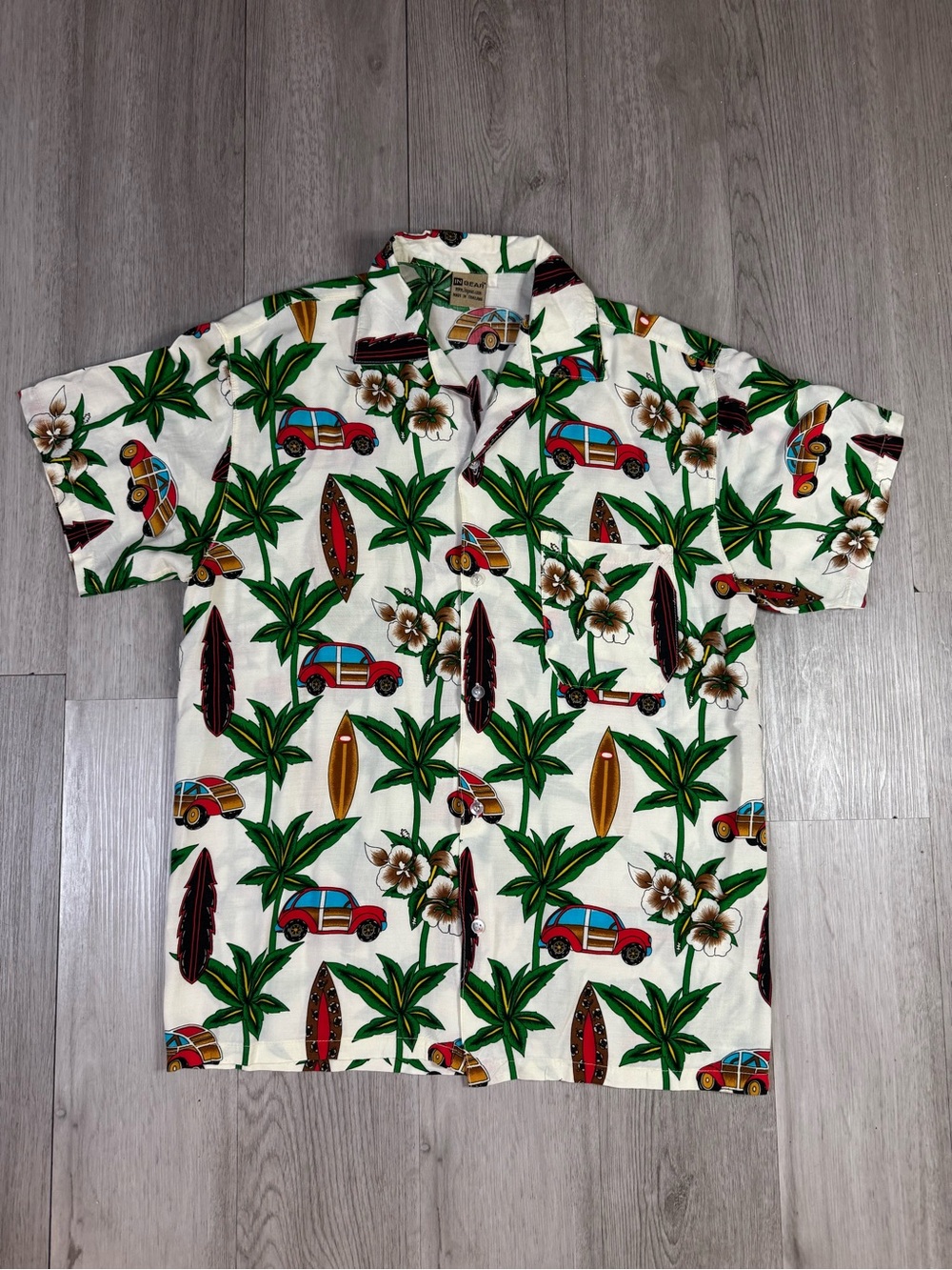 IN GEAR Vintage Hawaiian Tropical Woody Van  Button Up Shirt Short Sleeve Large.